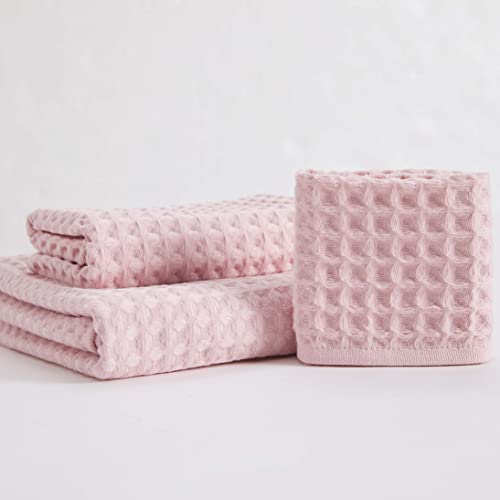 Yiluomo 100% Cotton 3 Pieces Towel Set | Waffle Weave | Pale Pink | Highly Absorbent | Soft & Light Weight | Machine & Hand Washable | 1 Bath - 1 Hand - 1Wash Towels #TOP4