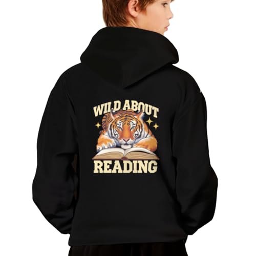 Vintage Wild About Reading Tiger Hoodies for Teen Girls Boys Lightweight Kangaroo Pocket Sweatshirt2