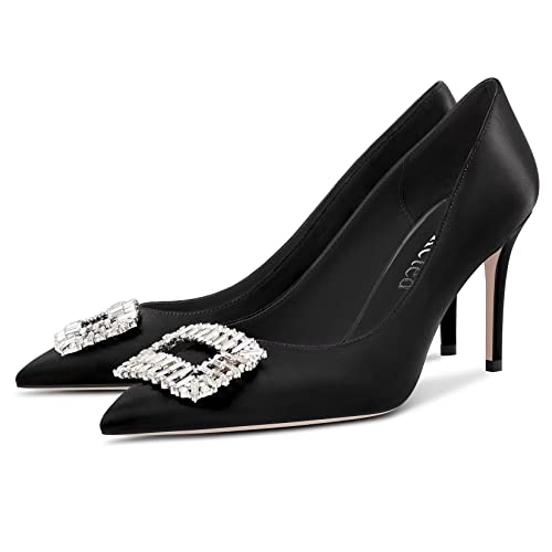 Saekcted Women High Heel Pointed Toe Pumps Slip-on Rhinestone Crystal Office Basic Classic 3.2 Inches Heels4