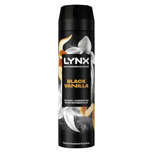 Lynx Fine Fragrance Collection Black Vanilla Premium Body Spray Mens Deodorant infused with vanilla orange & sandalwood essential oils for 72 hours of freshness 200 ml