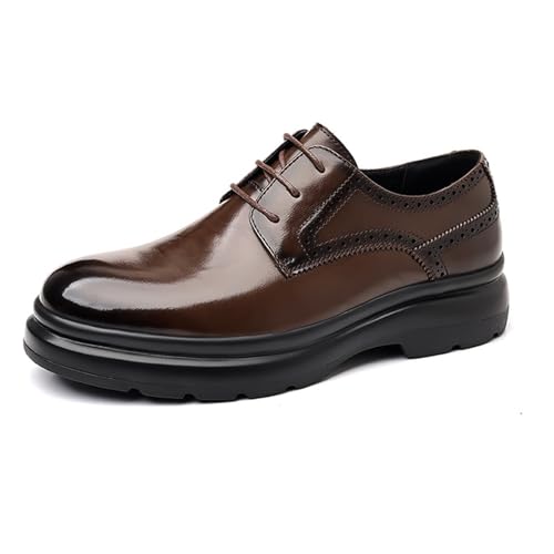Men's Leather Lace-Up Breathable Brogue Oxfords Fashion Round Toe Soft Chunky Sole Lightweight Dress Shoes for Business Casual Walk