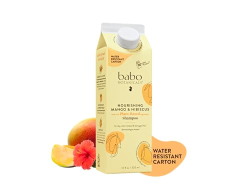 Babo Botanicals Nourishing Mango & Hibiscus Shampoo - For Dry Damaged Color-Treated Hair Moisturize & Soften - Passion Fruit Ferment for scalp - Water-Resistant Carton w. 80% Less Plastic Vegan