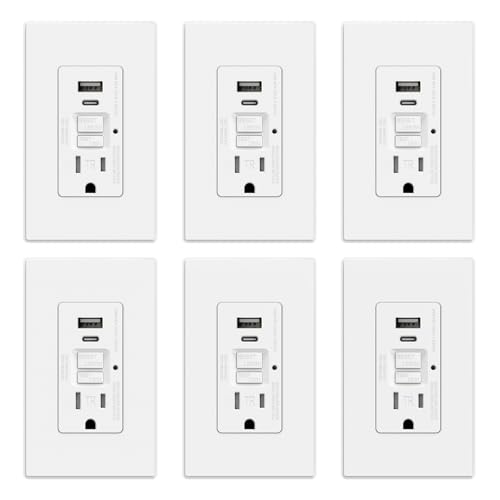 ELEGRP GFCI Outlet with USB Ports, 15 Amp Self-Test GFCI Combination with USB Ports, 24W Max Total Output, Tamper Resistant GFCI USB Outlet with Wall Plate, UL Listed, Matte White, 6 Pack