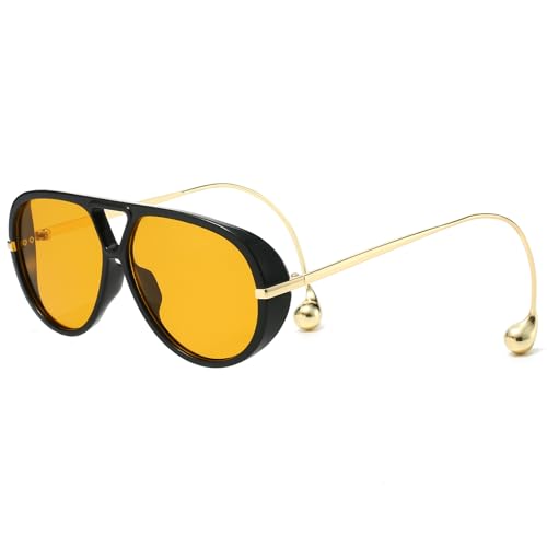 YAMEIZE Oversized Pilot Sunglasses for Women Men Retro 70s Double Bridge With Earring Round Shield Big Sun Glasses UV400