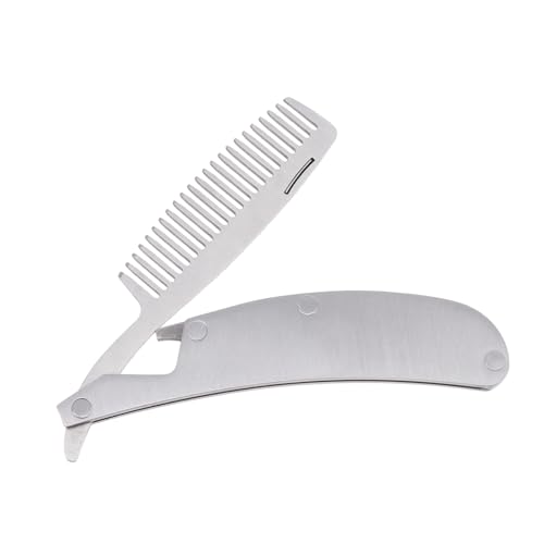 Outanaya Folding Beard Comb Men's Hairstyling Kit Stainless Steel Portable Comb Massaging Skin for