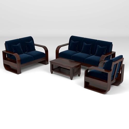 Image of Solid Sheesham Wooden 6 Seater Sofa Set with Coffee Table with Blue Cushion for Living Room Furniture - Walnut Finish (3+2+1)