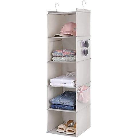 Vailando Haning Closet Organizer 5-Shelf, Hanging Shelves for Closet with 4 Side Pockets, Linen, 11.8''W x 11.8''D x 47.2''H, Grey Cover