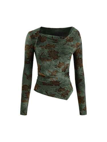 CIDER Long Sleeve Shirts for Women Floral Print Asymmetrical Neck Ruched Blouse Trendy Knit Top Women