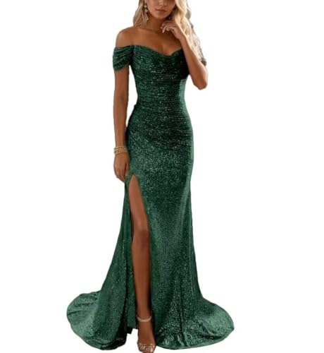 Sparkly Mermaid Prom Dresses for Women Long Bodycon Sequin Gowns Off Shoulder Glitter Evening Gowns with Slit