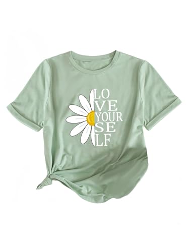 SweatyRocks Girl's Flower Graphic Short Sleeve Round Neck T Shirts Letter Print Summer Casual Tees