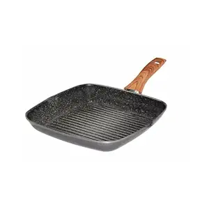 Back to Nature Grill Pan, 28cm, Cast Aluminium, Non-Stick Coated with Real Stone Particles, Gray, Induction Compatible, Wood Effect