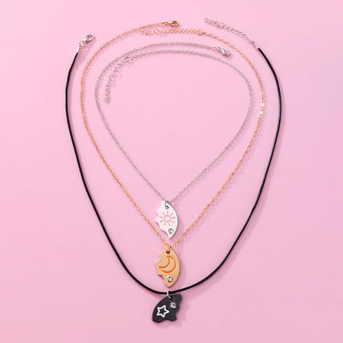BFF Sun Moon Star Best Friend Forever Necklace 3 Pcs Puzzle Matching Pendant Necklaces Bestie Friendship Necklace Long Distance BFF Necklaces Gift for Friend Unisex4