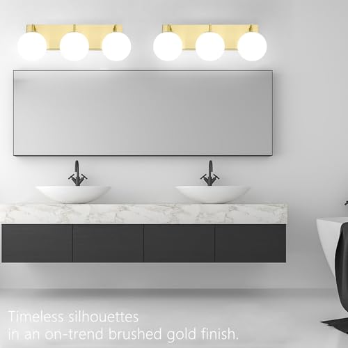 Image of Mid Century Modern Bathroom Light Fixtures, 3-Light Gold Vanity Lights Bathroom Lighting Fixtures Over Mirror, Gold Wall Sconces Wall Lighting with Globe Frosted Milk Glass