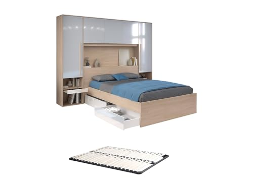 Vente-unique - Lit Pont 140 x 190 cm avec rangements - avec LEDs - Coloris : Naturel et Blanc Brillant + Sommier - VELONA