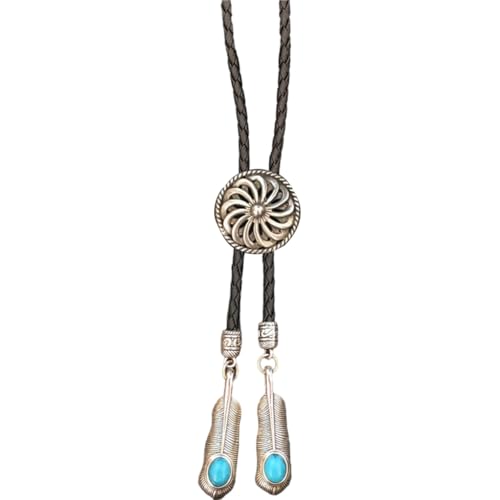 WEYIMVTO Corbata bolo, Collar con colgante de plumas y cuerda cuero flores talladas antiguas for mujeres hombres(Silver 664)