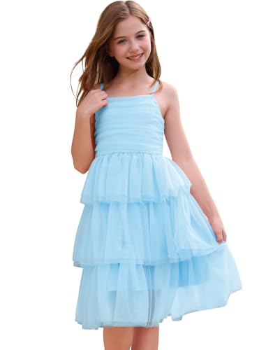 Kids Girls Blue Party Dress Summer Spaghetti Straps Fluffy Tiered Dresses Cute Tulle Tutu Birthday Pageant Junior Tween Girls Trendy Dresses 5th Grade Graduation Dress Blue 7-8 Years