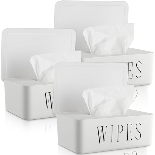 Singhoow 3 Pcs Large Baby Wipes Dispenser Refillable Wipe Holder with Lid Toilet Wipes Container for Bathroom Tissue Paper Storage Box for Home Office Cars (White,Small)