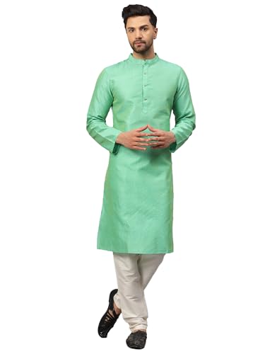 Image of LATEST CHIKAN Men's Silk Chikankari Kurta with Cream Churidar | Festive Set - KP Silk BANARSI