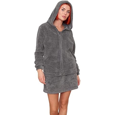OHS Teddy Fleece Zip Up Long Sleeve Hooded Super Warm Soft Warm Cosy Womens Loungewear, Silver Grey - Large 14-16 Cover