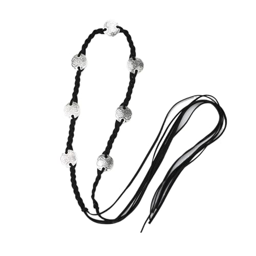 ILuvatar Women's Black Metal Wide Belt with Tassel Knot - Bohemian Rope Braided Waist Accessory featuring Silver Ring Metal Decorations - One Size4