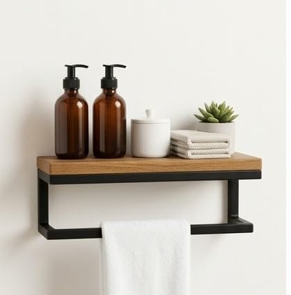 Image of Premium Wall-Mounted Floating Shelf with Integrated Towel Bar | Metal & Wood Bathroom Organizer | Multi-Purpose Storage Rack for Kitchen & Entryway | Matte Black & Natural 0ak Finish