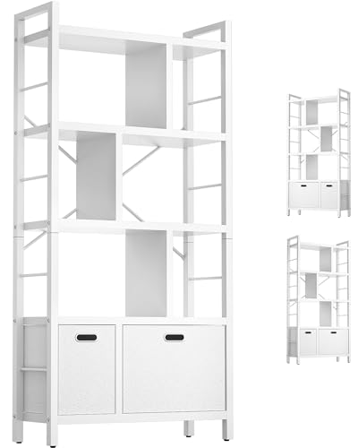 armocity Bookshelf with Drawers - 5 Tier Tall Bookcase Geometric Modern Book Shelf Display Standing Bookshelves with Storage for Living Room, Bedroom Home Office, White