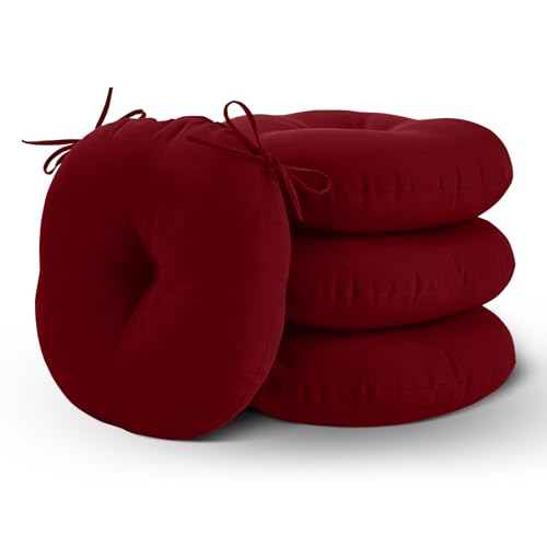 HOMELYSIAN Round Outdoor Chair Cushions Set of 4, Tufted Bistro Chair Cushions with Ties, Thickened Round Seat Cushion for Patio Furniture, 15x15 Inch, Burgundy