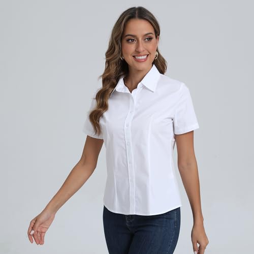 SUNNOW Women's Button Down Shirt Tailored Short Sleeve Slim Fit Blouse Wrinkle Free Office Formal Work Blouses Top2