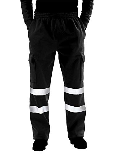 Geagodelia Pantalon de travail pour homme réfléchissant pantalon de sport décontracté avec poches latérales fluorescentes sécurité pantalon multicolore cargo homme avec élastique, Noir , 4XL Cover