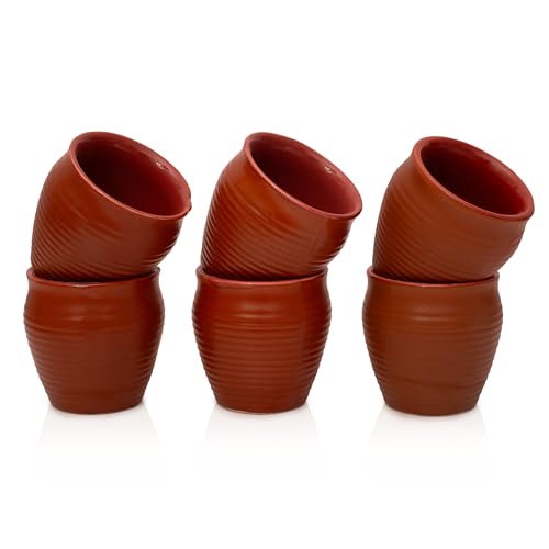 Juego de 6 tazas de café tradicionales hechas a mano de Kulhar Kulhad Chai Tea Cantaritos con acabado brillante, arcilla, terracota, estudio artesanal, cerámica, barro, marrón, apto para alimentos,