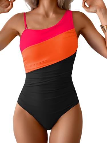 Image of Aidonger One Shoulder One Piece Swimsuit for Women Tummy Control Bathing Suits Color Block Ruched Swim Suit Slimming Swimwear