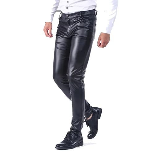 Men's Fleece Lined Leather Pants Warm Skinny Fit Elastic Pu Leather Trousers Wet Look Motorcycle Winter Pants3