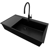 📦 INCLUS: Évier en granit Oslo 90 Top, Kit d'évacuation complet (siphon de haute qualité et peu encombrant, trop-plein, vidange supplémentaire pour le raccordement d'une machine à laver ou d'un lave-vaisselle), Robinet de cuisine BD5170 avec flexibles de raccordement 3/8