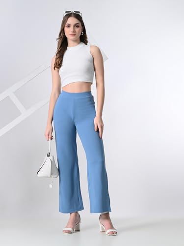 Image of Women's High Waist Straight Fit Trousers,Solid Korean Stretchable Pants for Women, Regular Fit Elastic Waist Full Length Formal Trouser,Casual,Office Wear