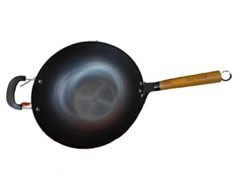 THW Cooking Wok Pan/Stir Fry Pans with Wooden Handle, Frying Wok Carbon Steel Flat Bottom, Chinese Iron Pot for Cooking 13 Inch for resaurants/Hotels/Bakery