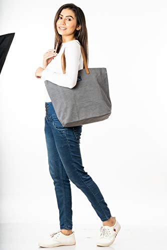Image of AQVA Cotton Thick Canvas Tote Bag for Women (17.5 inchx13 inchx6 inch) | Trendy Stylish Multipurpose Handbag with Inside Pockets and Zipper | Shoulder Bag for Shopping, Beach, Travel and Work