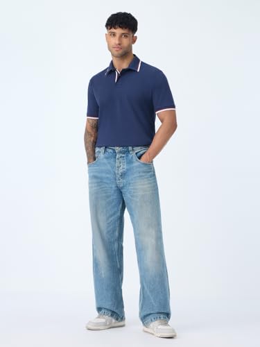 Image of The Souled Store Pique Polo: Men and Boys Short Sleeve Spread Collar Solid Textured Fabric Casual Everyday Office Wear Regular Fit Cotton Polos