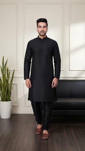 Image of SadreeMen's Silk Blend|Classic|Occassion|Ethinic|Full Sleeve|Mandirn Collor|Knee Length|Solid Colour|Light Weight|Comfort|Regular Fit Kurta Pyjama Set