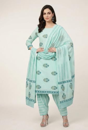 Image of Eddika women unstitched hand block printed cotton suit set with mulmul dupatta ehbpcswmd0120P