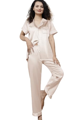 Image of WJing Yi Jia Womens Pajamas Set XS-4XL Floral Silk Satin Pajama Sets Silky Pj Sets 2Pcs Loungewear Sleepwear Button Down Pjs
