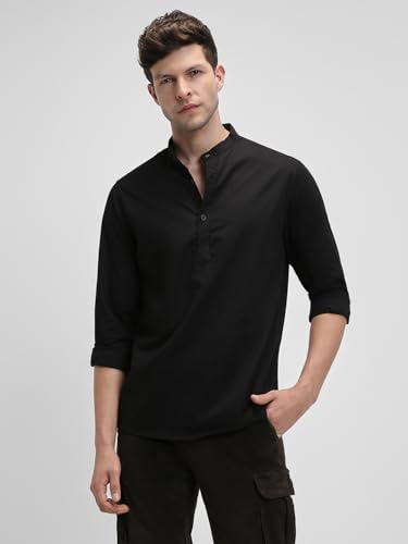 Image of Dennis Lingo Men's Cotton Solid Slim Fit Mandarin Collar Full Sleeves Casual Shirt