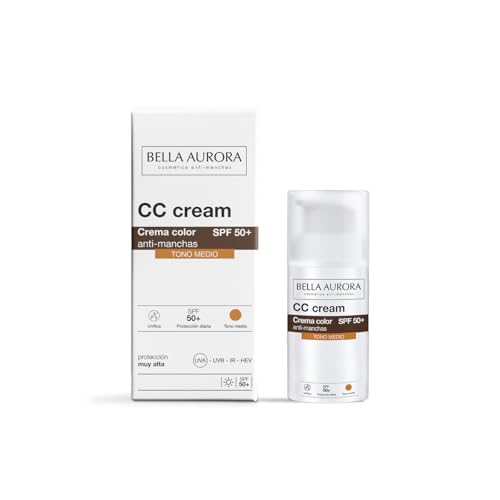 Bella Aurora CC Cream Antimanchas SPF 50+ Tono Medio 30 ml – Protector Solar Facial con Color – Unifica el Tono, Corrige Manchas y Protege la Piel – Todo Tipo de Piel