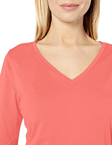 Amazon Essentials Women's Classic-Fit 100% Cotton Long-Sleeve V-N   eck T-Shirt, Coral, Large