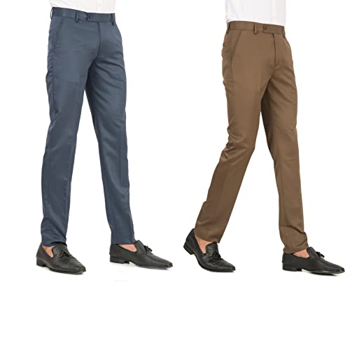 Image of Slim Fit Men Blue & Brown Trousers Pant Combo Sets | Men's Formal Pants for Office use