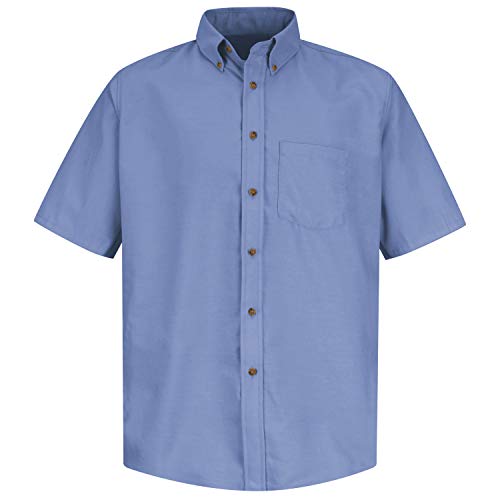 Red Kap Camisa social masculina padrão de popelina, resistente a manchas e rugas, manga curta, azul