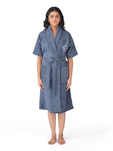 Image of RANGOLI Premium Women's Knee-Length 460 GSM Bamboo Bathrobe in Half Sleeves with 2 Pockets & Belt Closure with Ultra Soft Fabric & Skin-Friendly (Blue-XL) | Royal Bamboo