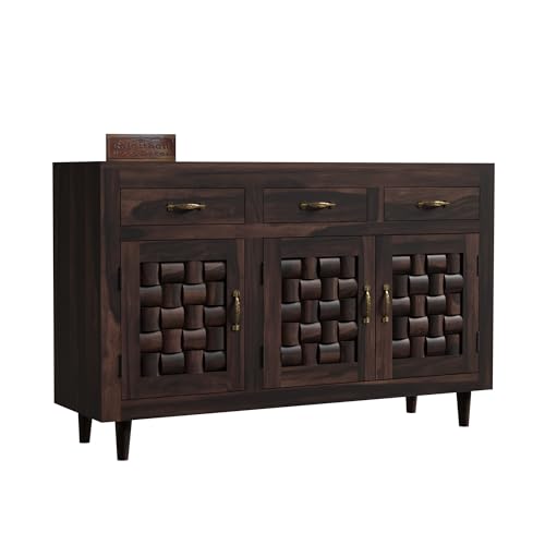 Image of Solid Sheesham Wood Sideboard Cabinet Storage with 3 Door & 3 Drawer Wooden Storage Organizer Cabinet for Home Kitchen Living Room Bedroom Hallway Dinning | Walnut Finish | Pre-Assembled