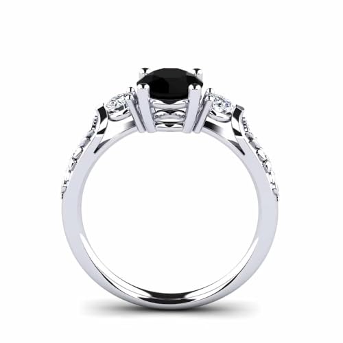 925 Sterling Silver White Gold Finish 2.5 Ct Round Cut Onyx Black & White Diamond Three Stone With Flower Design Band Wedding Engagement Ring For Womens3
