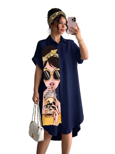 Image of Women's Graphic Print T-Shirt Dress | Stylish Oversized Longline T-Shirt for Women & Girls | Casual Printed Long Top | Trendy Beach & Resort Wear Western One Piece Dress (25 D-1 BLACK-2XL)