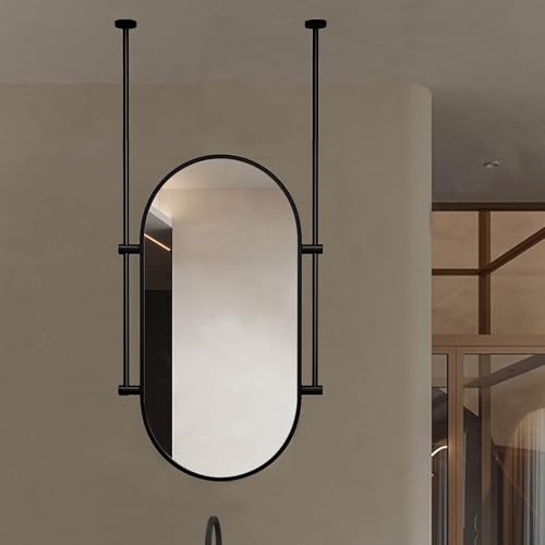 MESOVFCA Espejo de tocador Flotante con Barra para Colgar en el Techo, Espejo de baño con Marco Ovalado de Metal, Espejo de Pared Decorativo montado, Negro (C, 50 cm x 60 cm)